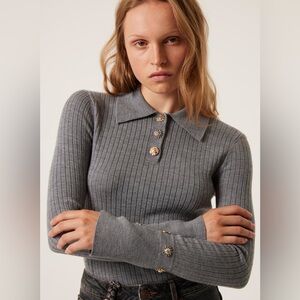 Tresse Paris Gray Ribbed Women's Sweater size XS/S, metal sun buttons